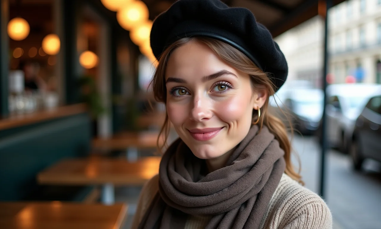 Mulher com boina e cachecol estilo parisiense em café.