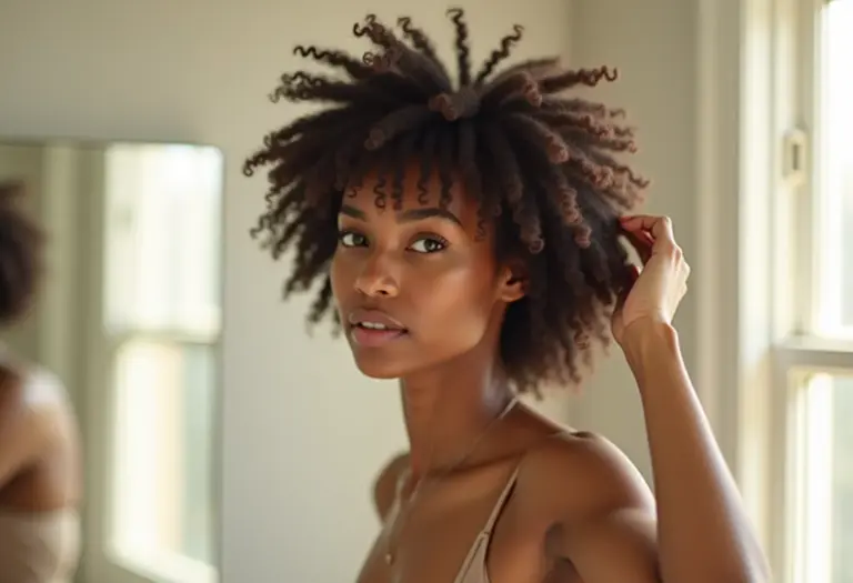 Mulher com cabelo brilhante aplicando vinagre de maçã