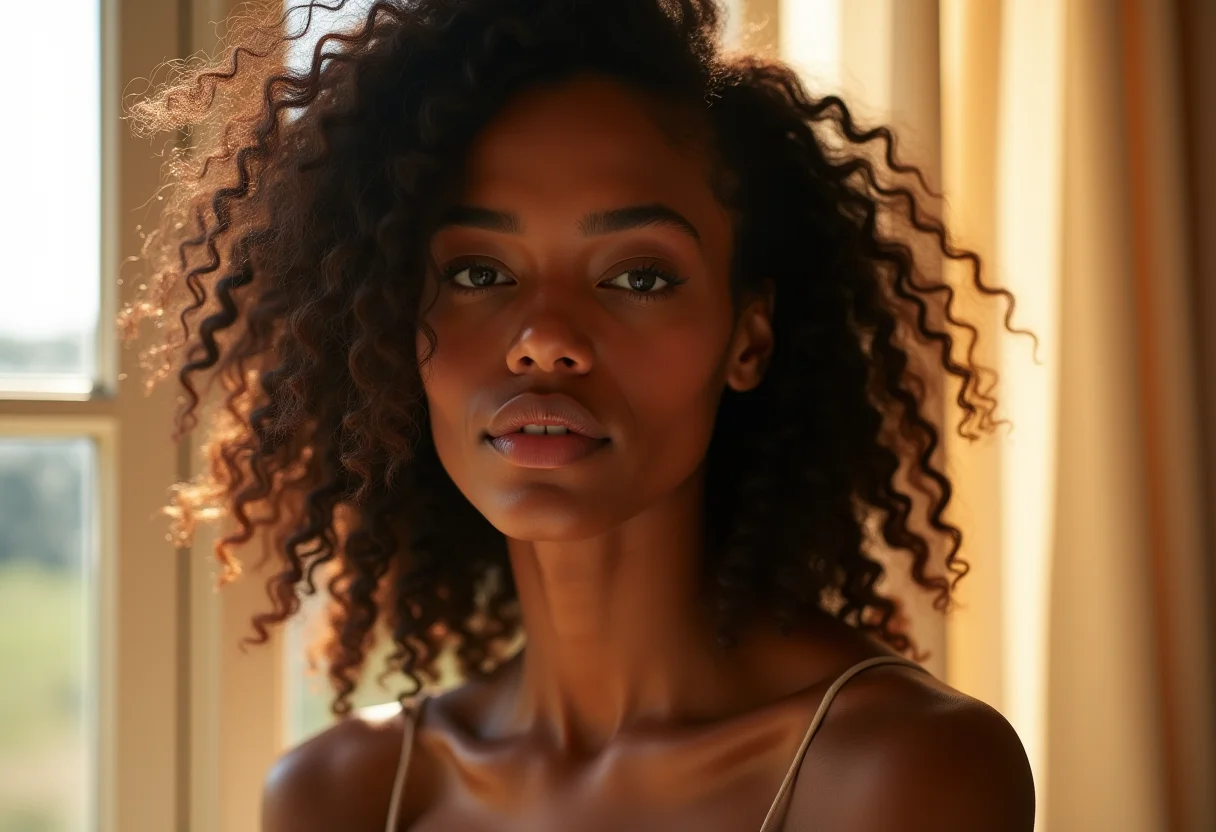 Mulher com cabelo brilhante e saudável sob luz natural