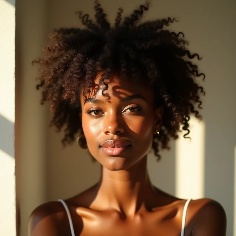Mulher com cabelo cacheado em um penteado solto e moderno.