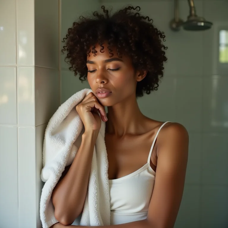 Mulher com cabelo curto cansada de lavar o cabelo todos os dias