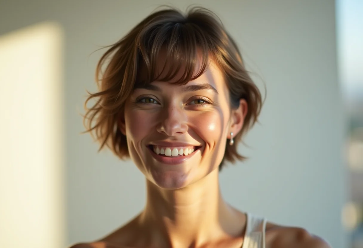 Mulher com cabelo curto e estiloso sorrindo