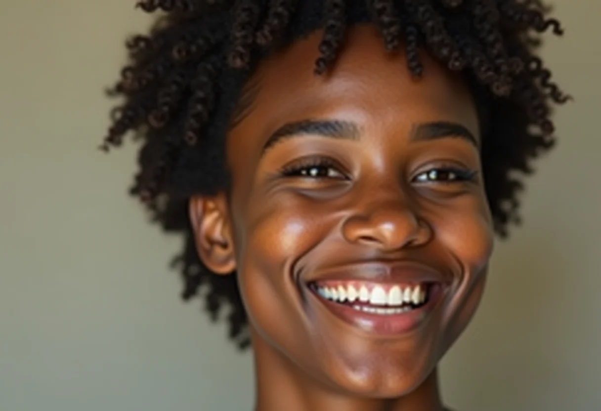 Mulher com cabelo curto estiloso e sorriso radiante