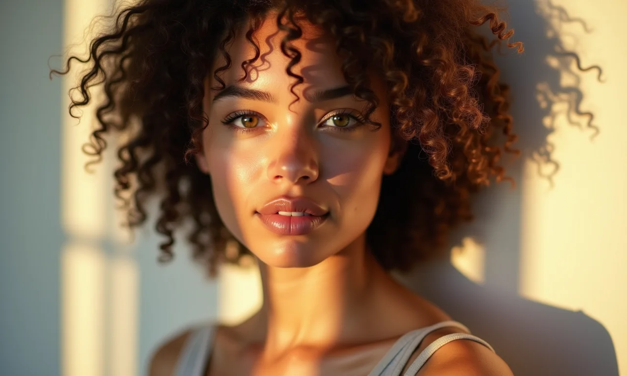 Mulher com cabelo natural e minimalista, beleza realçada.