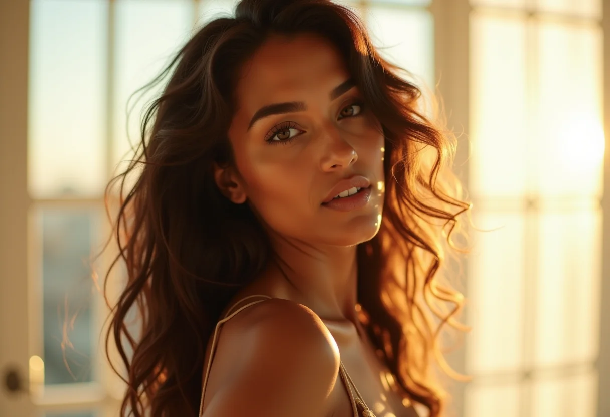 Mulher com cabelo ondulado e levemente amassado em um estúdio iluminado.