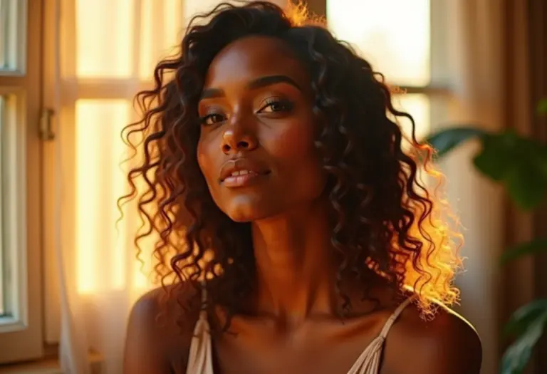 Mulher com cabelo ondulado e saudável sob luz natural