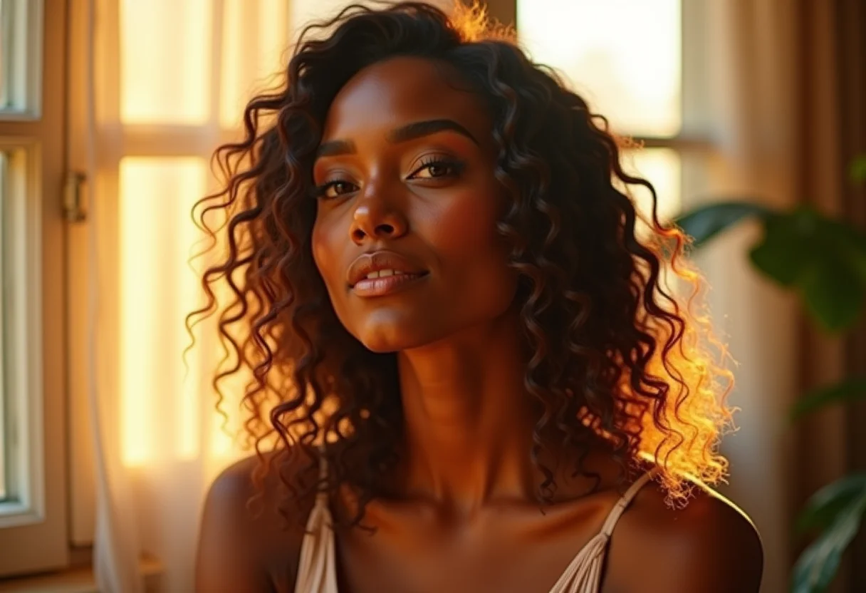 Mulher com cabelo ondulado e saudável sob luz natural