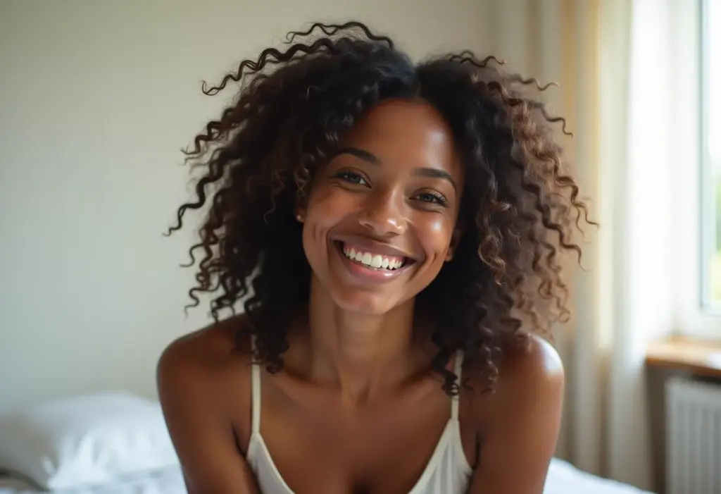 Mulher com cabelo ondulado e sorriso radiante