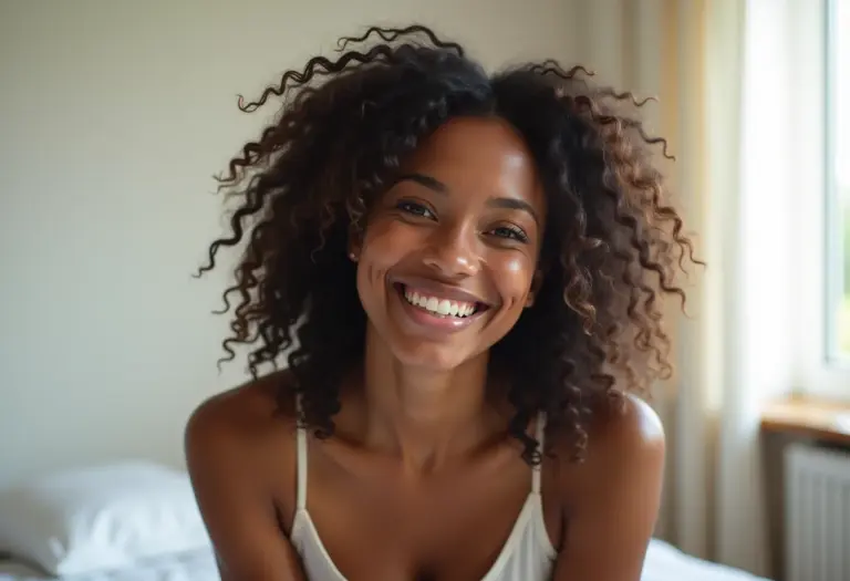 Mulher com cabelo ondulado e sorriso radiante