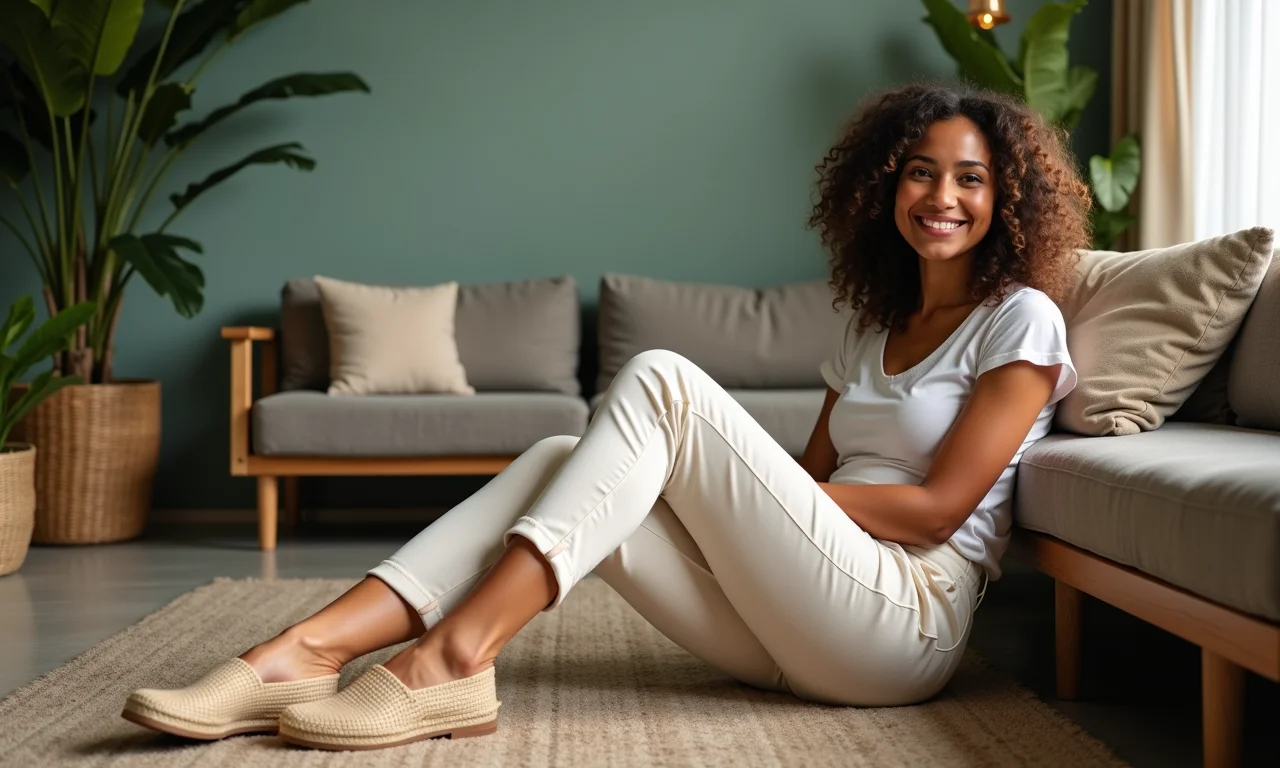 Mulher com calça confortável e espadrilles relaxando em sala de estar aconchegante.