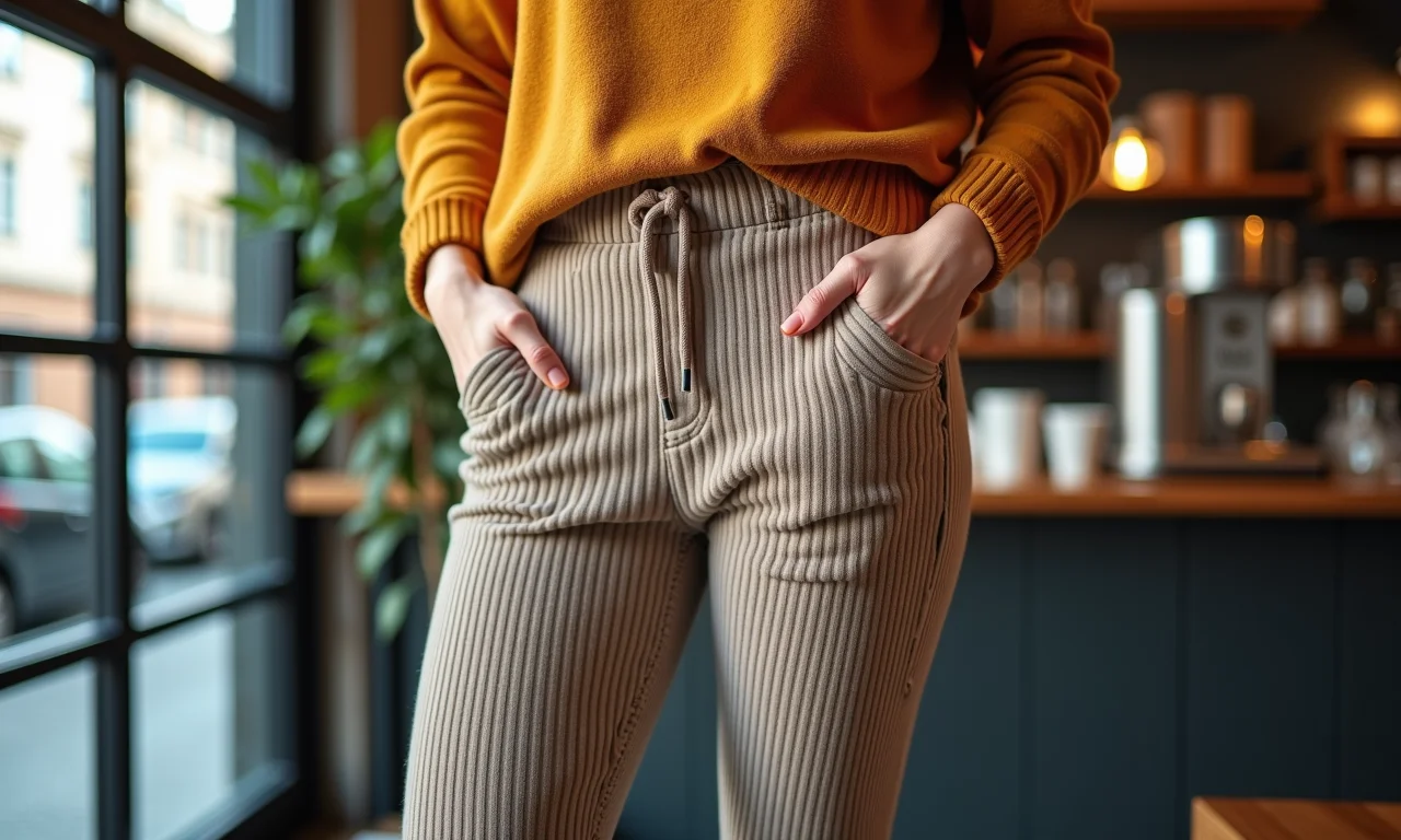 Mulher com calça de malha canelada em um ambiente urbano e casual.
