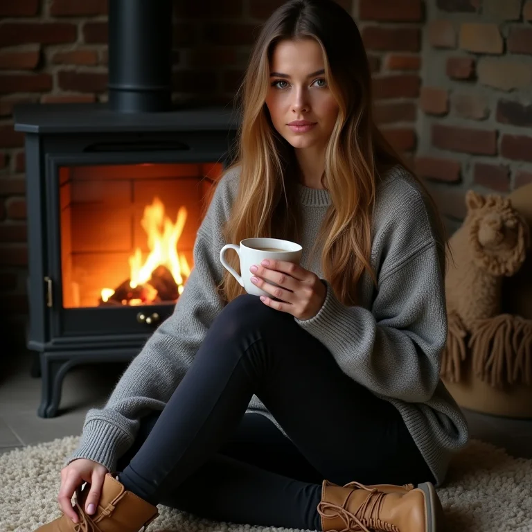 Mulher com calça legging, blusão e bota perto da lareira