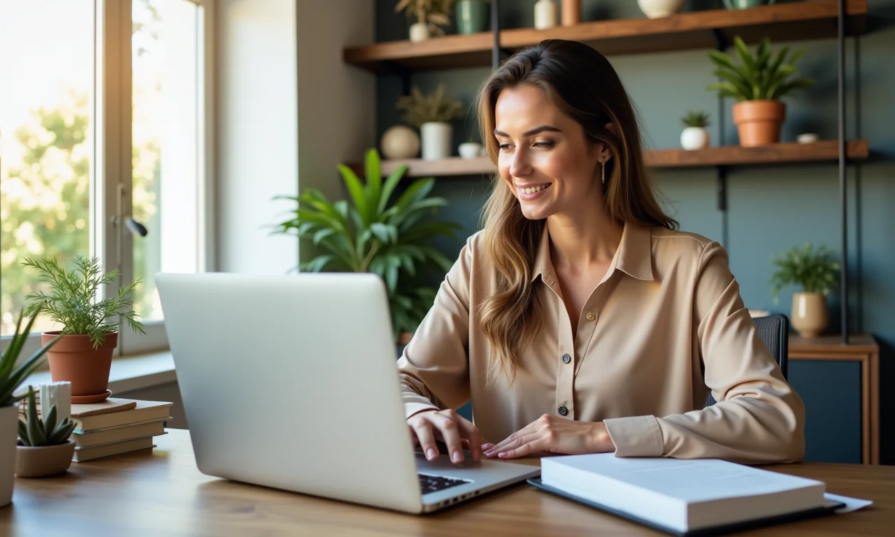 Mulher com calças de alfaiataria bege e blusa de seda trabalhando em um escritório estiloso.