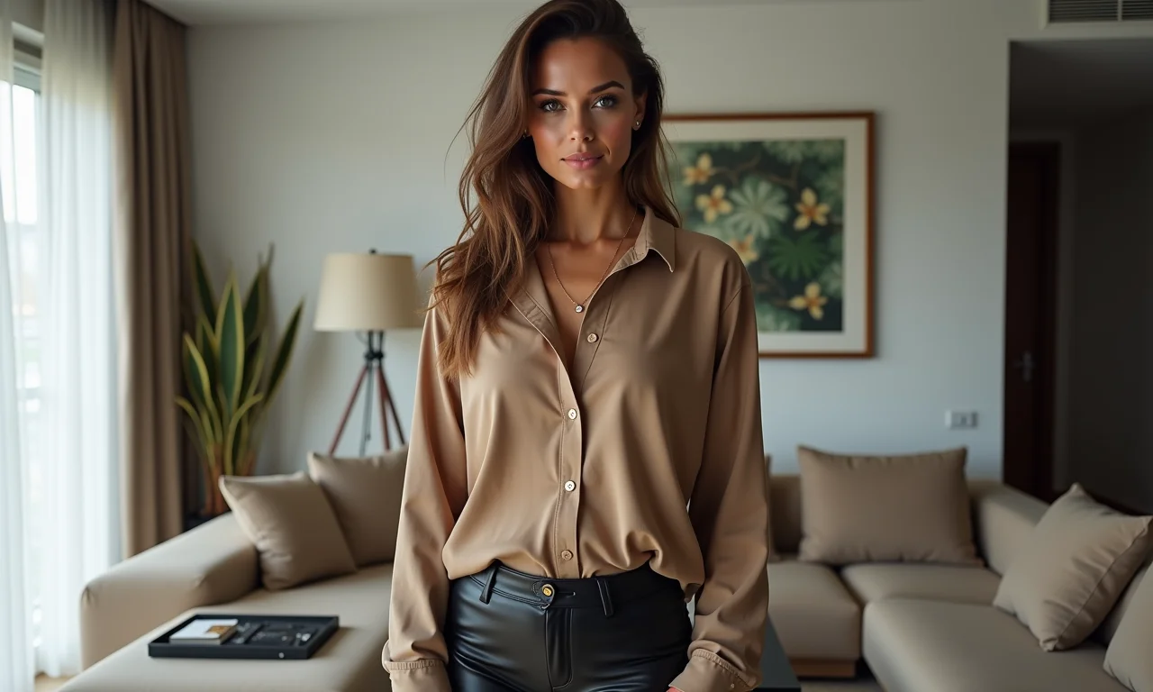 Mulher com camisa oversized e calça de couro fake preta.