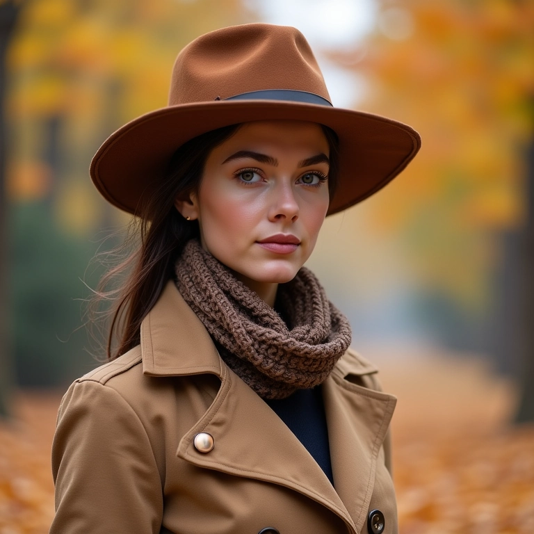 Mulher com casaco e chapéu borsalino.