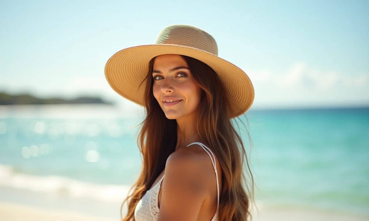Mulher com chapéu na praia, atenção redobrada com o cabelo no verão.
