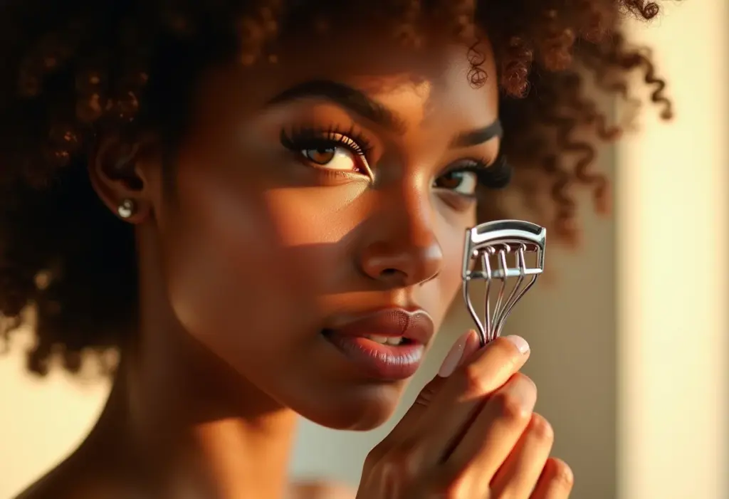Curvador de Cílios: O Erro que Você Não Pode Mais Cometer Mulher com cílios curvados naturalmente segurando um curvador de cílios