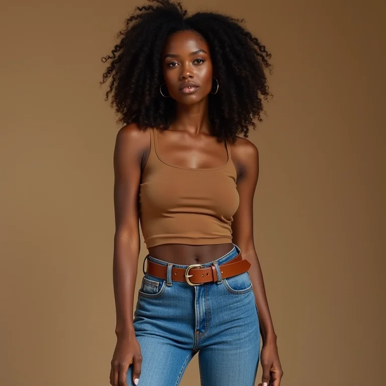 Mulher com cinto de couro em look casual com calça jeans