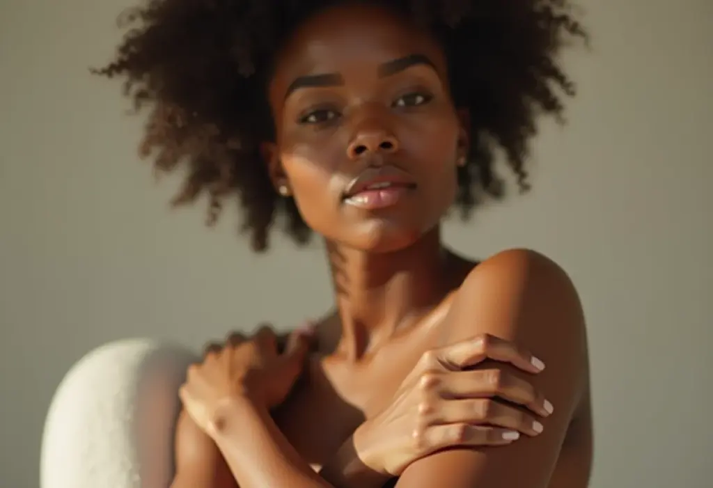 Mulher com eczema cuidando da pele