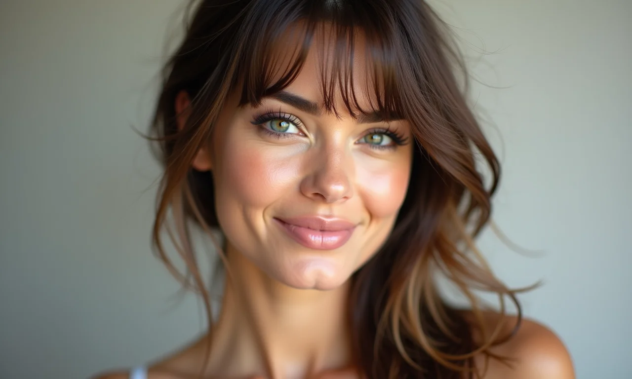 Mulher com franja leve e desestruturada, sorrindo para a câmera.