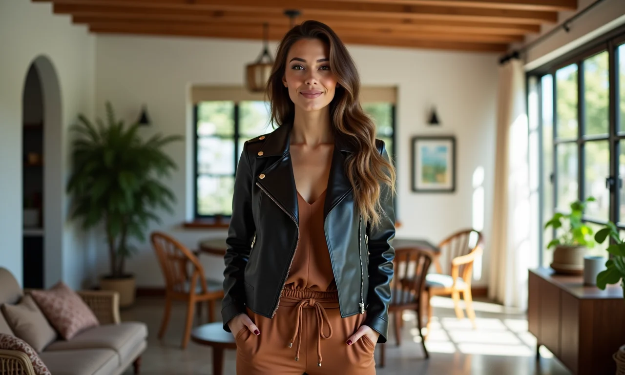 Mulher com jaqueta de couro e macacão em apartamento moderno com decoração brasileira.