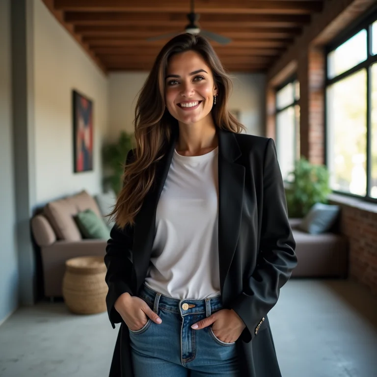 Mulher com jeans, camiseta e blazer em loft moderno