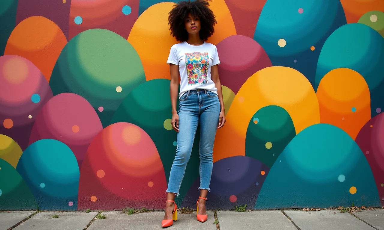 Mulher com jeans, camiseta estampada e salto bloco colorido em frente a mural no Rio.