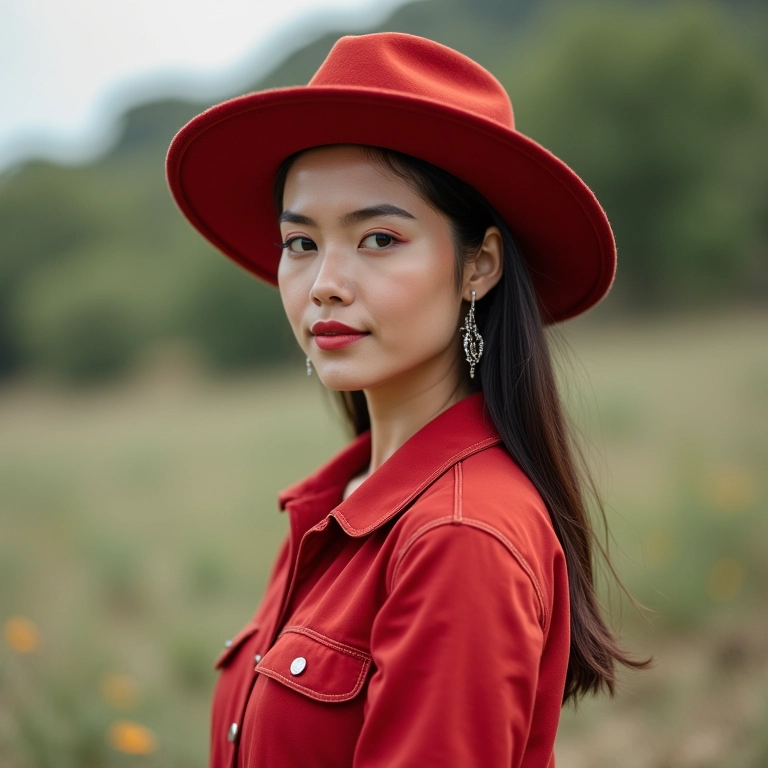 Mulher com macacão e chapéu borsalino.