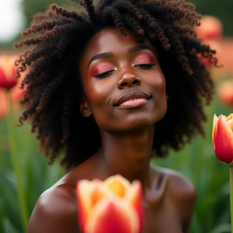 Mulher com maquiagem terrosa em um jardim florido, representando o signo de Touro