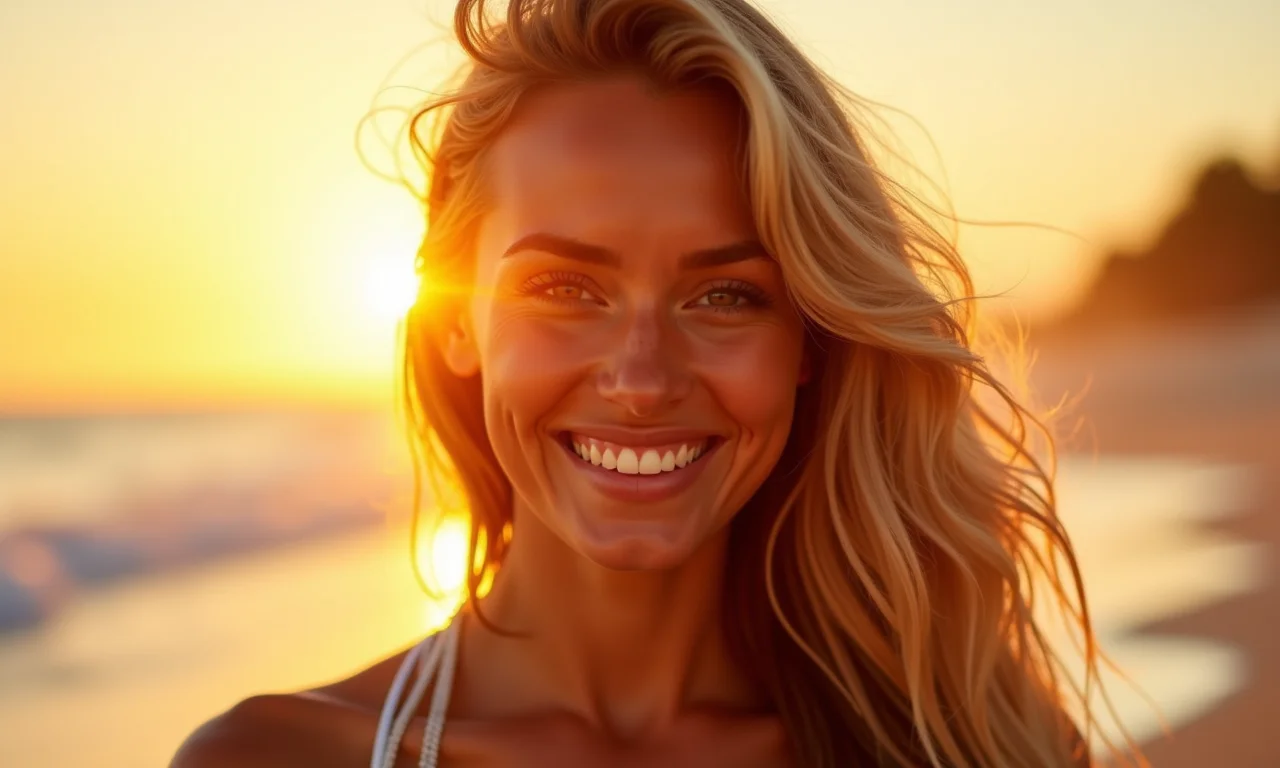Mulher com mechas californianas na praia ao pôr do sol.