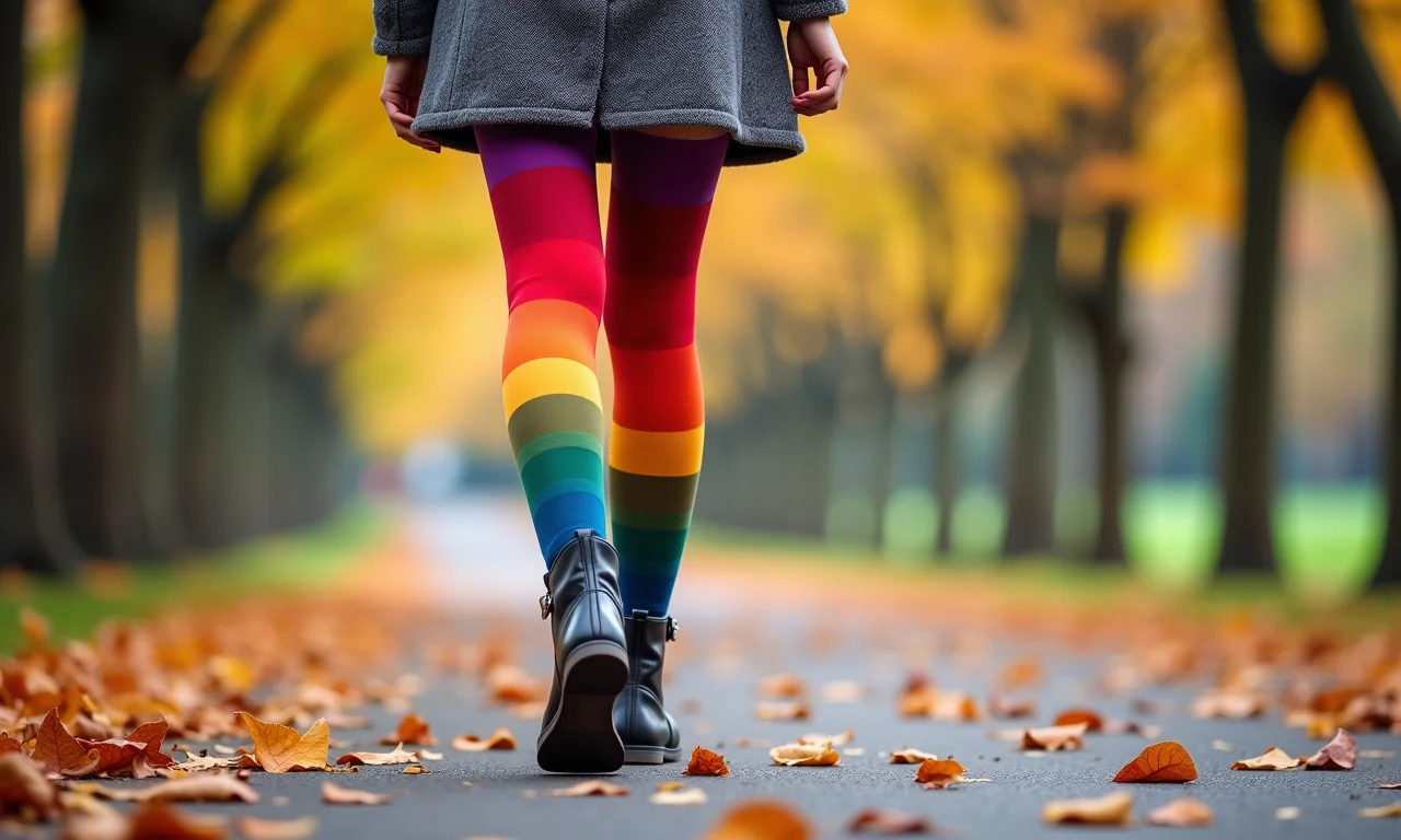 Mulher com meia-calça colorida, vestido estiloso e botas, caminhando em parque com folhas de outono.