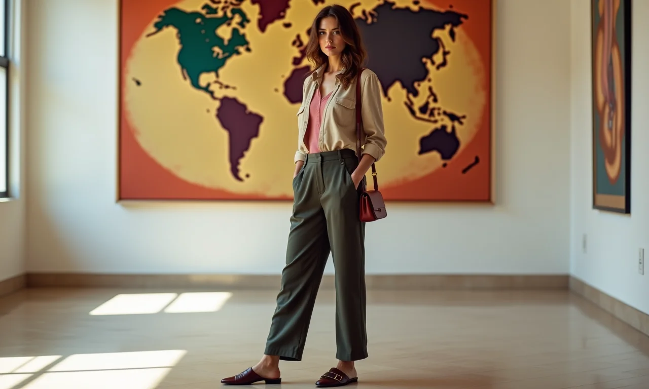 Mulher com mules e calça pantacourt em galeria de arte moderna em São Paulo.