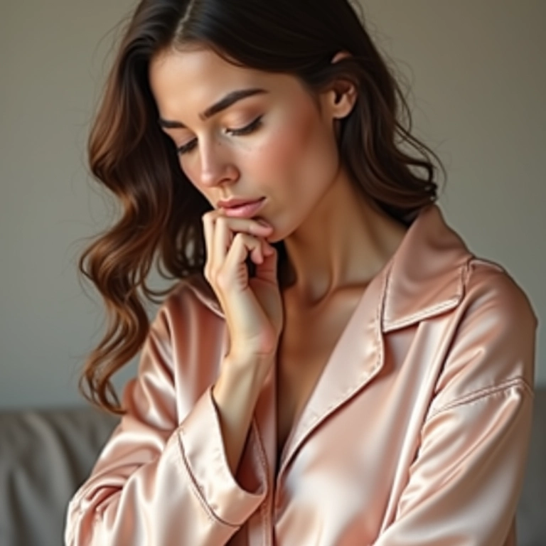 Mulher com pele sensível vestindo pijama de seda hipoalergênico.