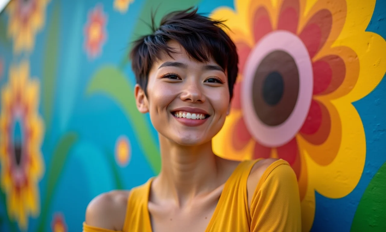 Mulher com pixie cut estiloso em frente a um mural brasileiro.