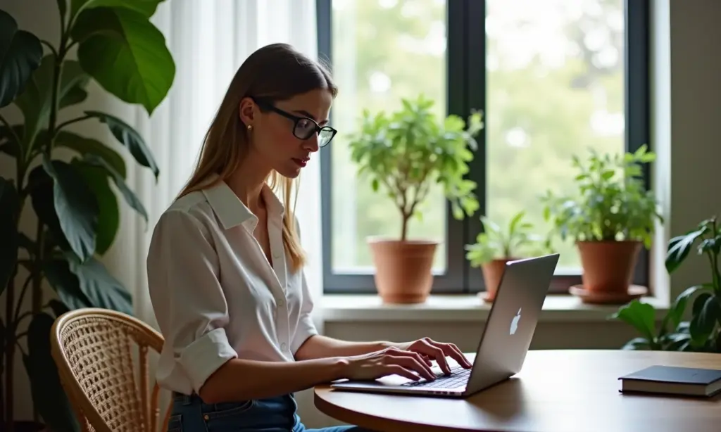 Postura Elegante: Como Melhorar a Postura Corporal Feminina e Evitar Dores Mulher com postura elegante trabalhando em casa.