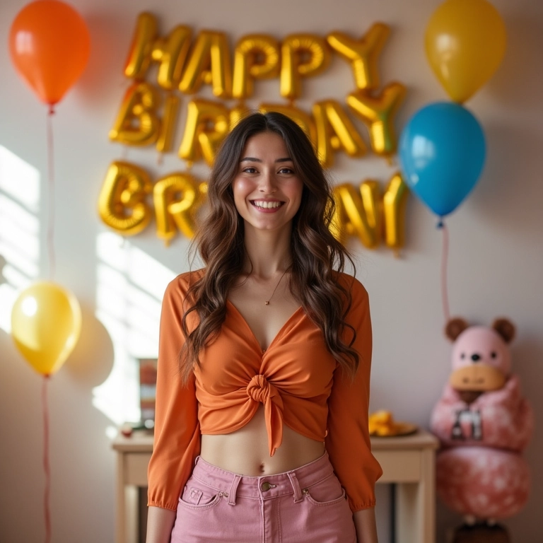 Mulher com roupa chique em festa de aniversário com balões.