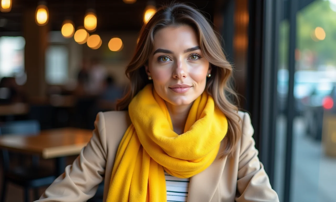 Mulher com roupa neutra e cachecol amarelo vibrante.