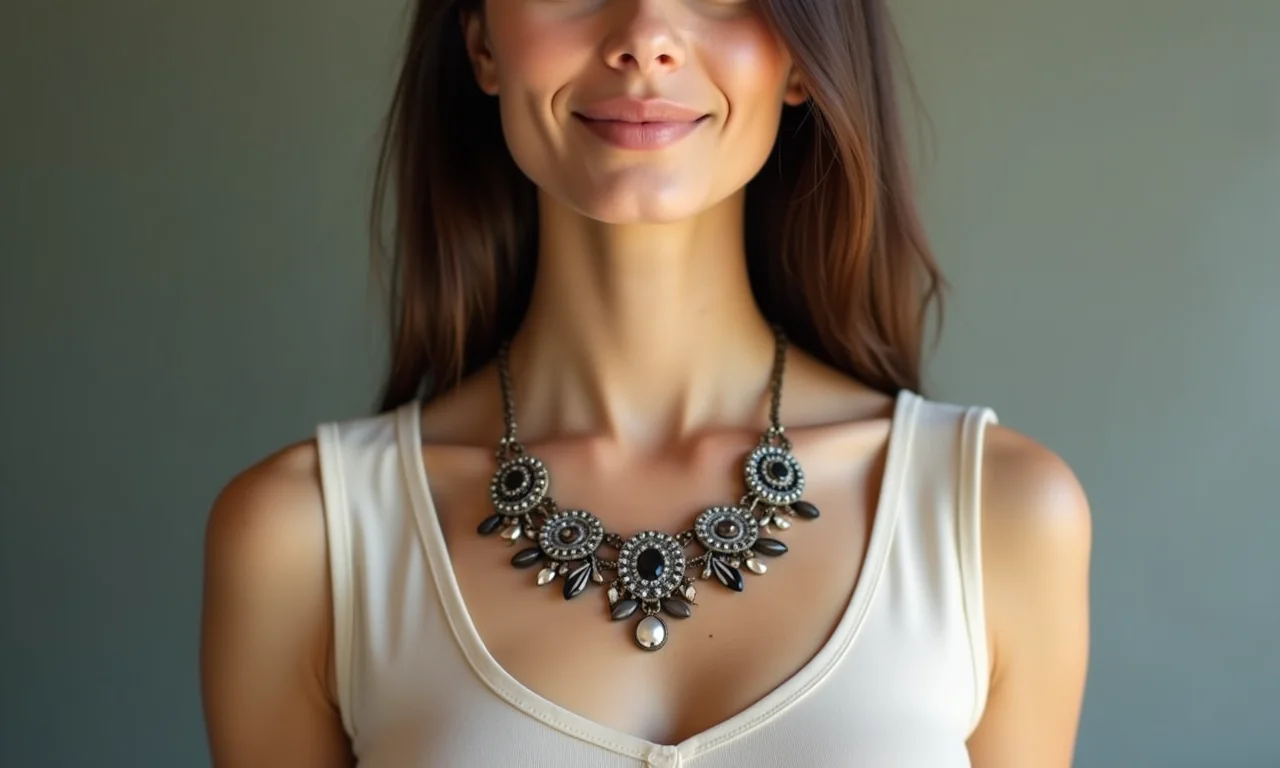 Mulher com roupa simples e colar chamativo. Desviando o olhar, fotografia comercial.