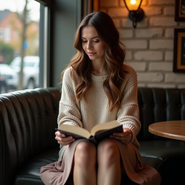 Mulher com saia, blusa de tricô e sapatilha em café aconchegante