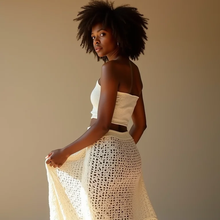 Mulher com saia de crochê elegante e descontraída.