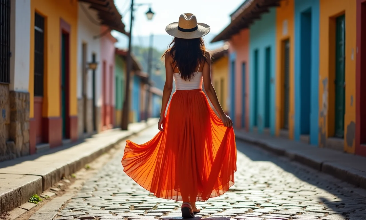 Mulher com saia de laise em rua colorida de Salvador.