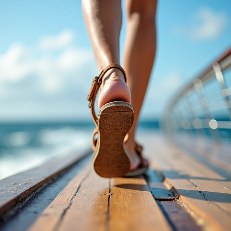 Mulher com sandálias confortáveis caminhando no deck do cruzeiro.