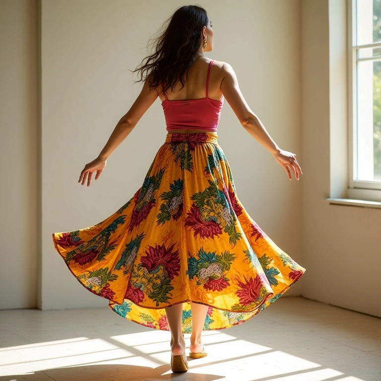 Mulher com silhueta curvilínea usando saia evasê estampada, dançando em estúdio ensolarado, movimento e valorização.