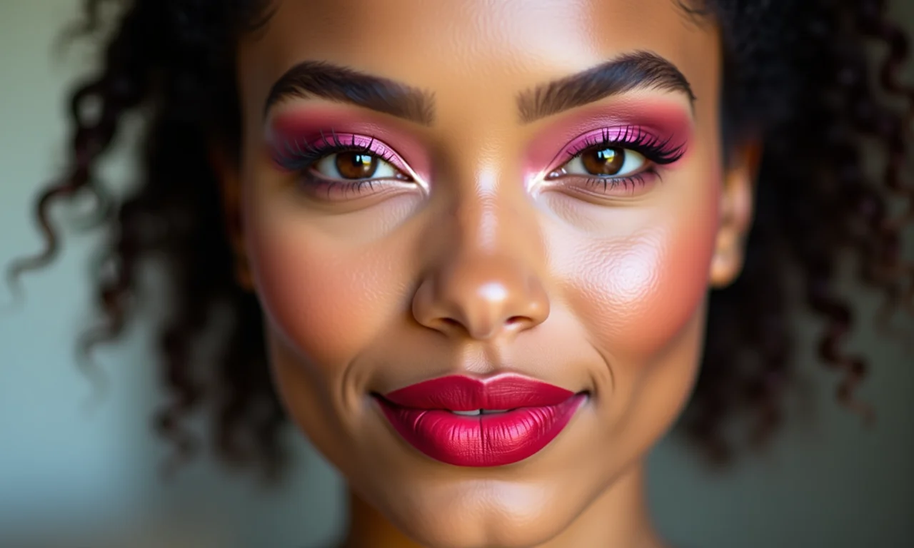 Mulher com sombra rosa e batom vermelho, mostrando a maquiagem para looks rosa e vermelho.