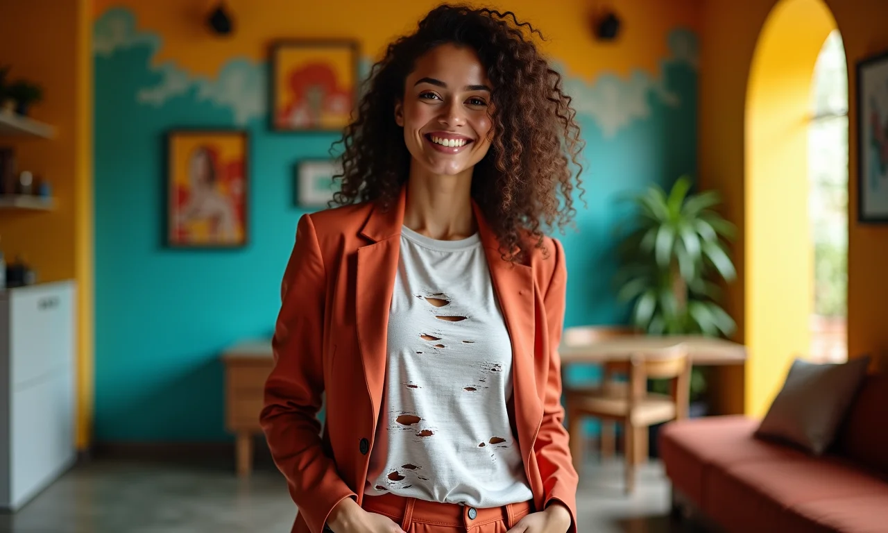Mulher com t-shirt podrinha, blazer e calça de alfaiataria em ambiente colorido.