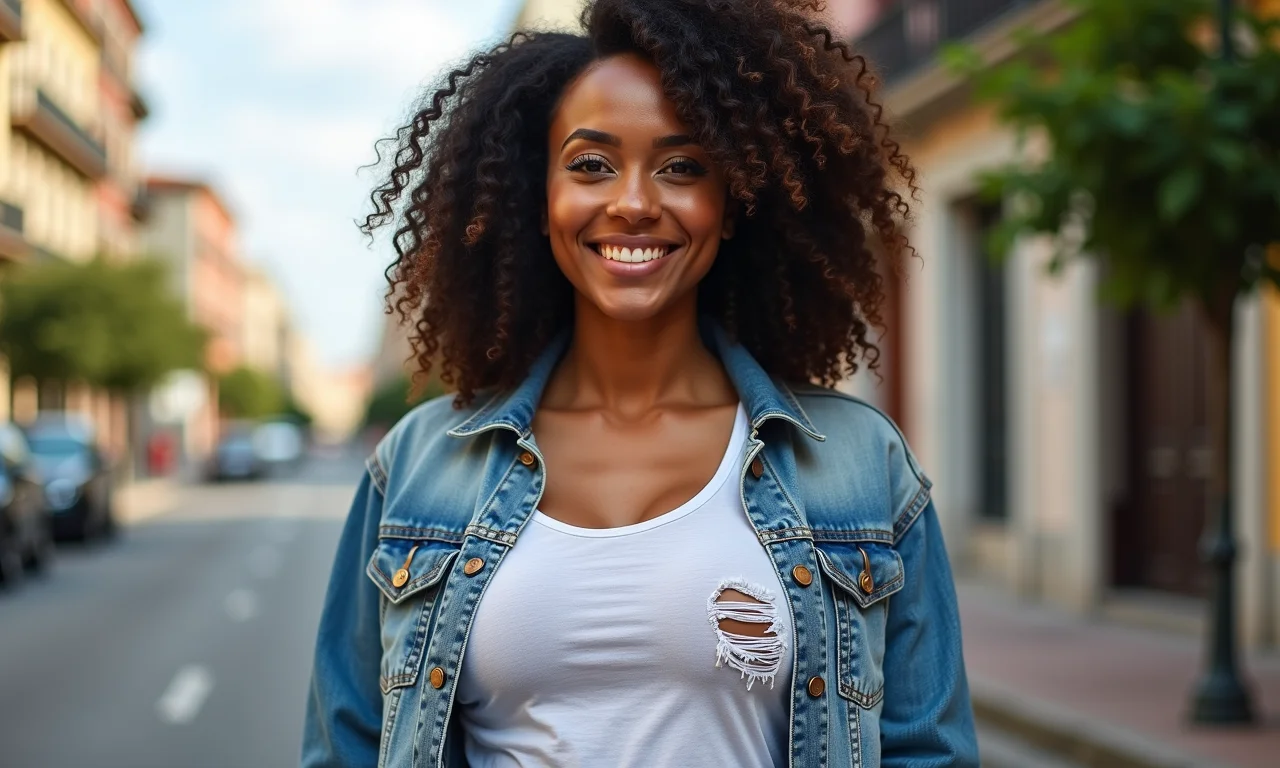 Mulher com t-shirt podrinha e jaqueta jeans em cenário urbano brasileiro.