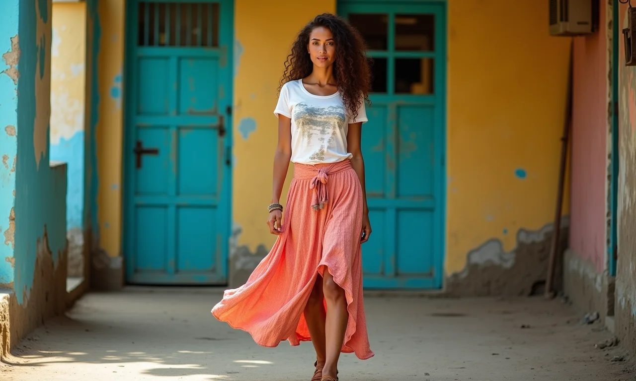 Mulher com t-shirt podrinha e saia em um cenário vibrante brasileiro.