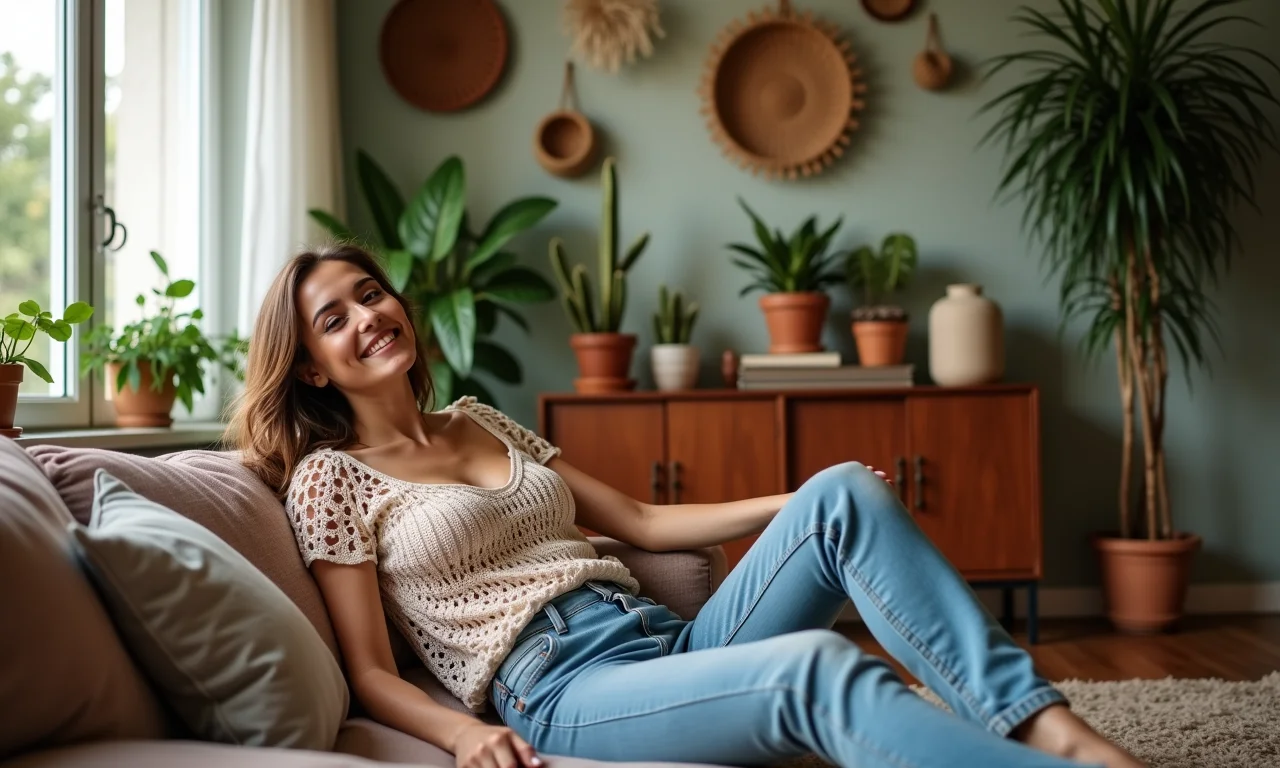 Mulher com top de crochê e jeans relaxando em apartamento boêmio.