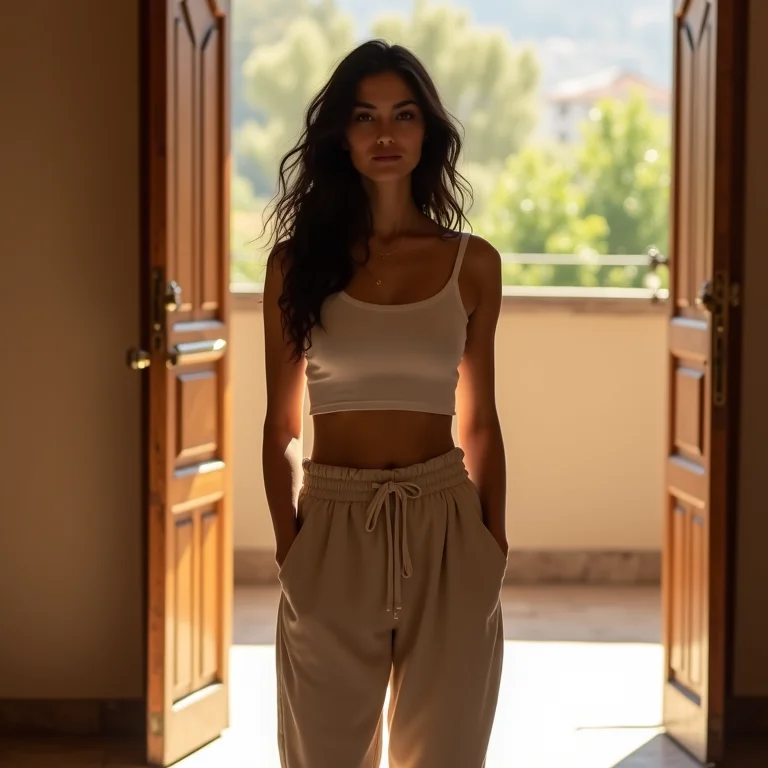 Mulher com top por dentro da calça slouchy