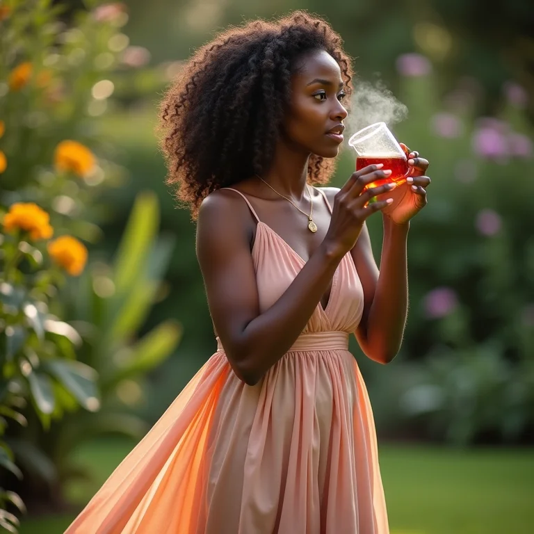 Mulher com um vestido fluido bebendo chá em um jardim, representando a Belle Époque.
